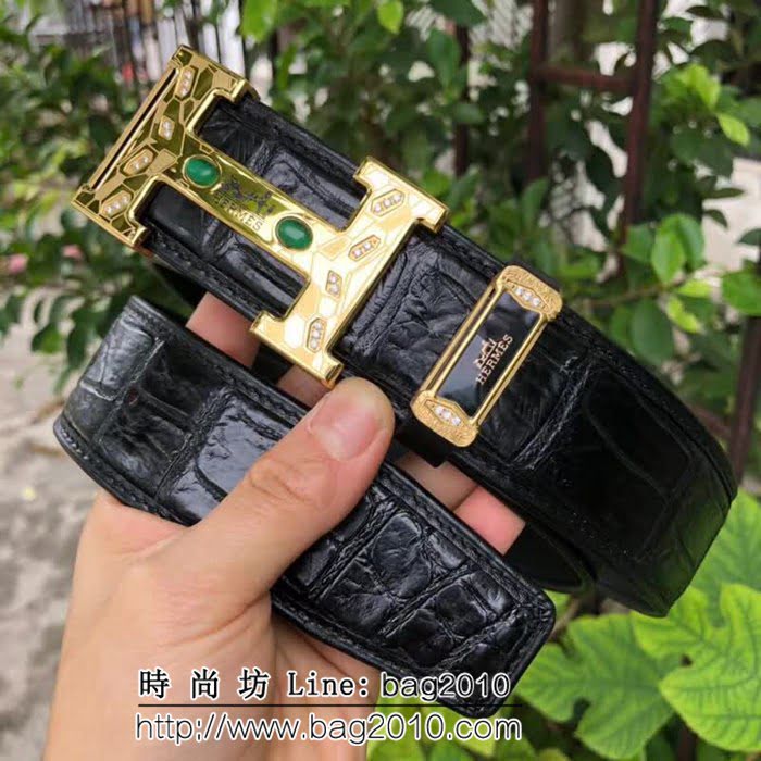 愛馬仕HERMES 純手工無拼接美洲鱷魚肚皮 奢華鑲鑽貓眼石鋼扣高端男士皮帶 HHG1522